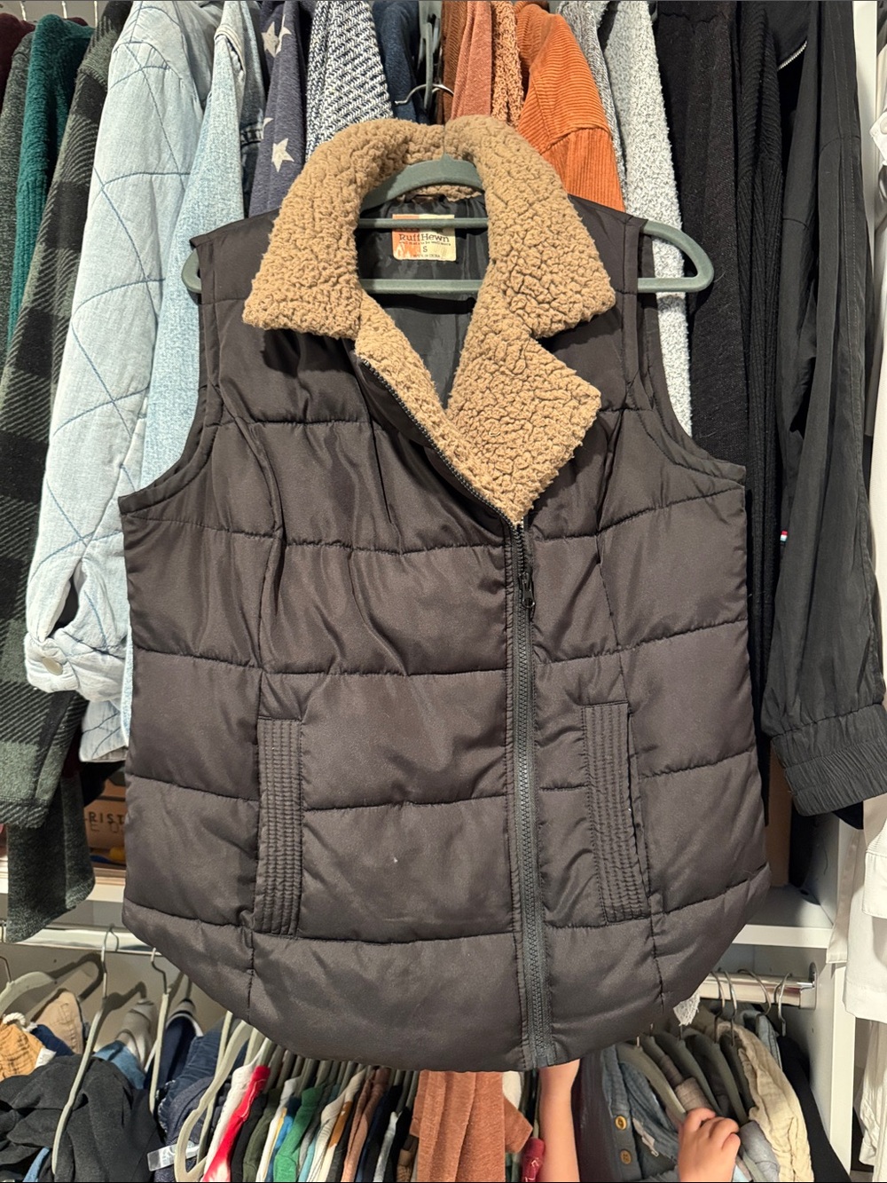 Ruff Hewn Black Quilted Puffer Vest with Tan Sherpa Collar